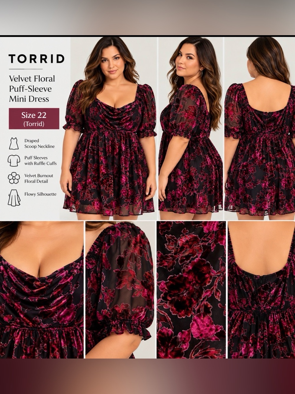 torrid Black & Fuchsia Velvet Burnout Floral Puff-Sleeve Mini Dress